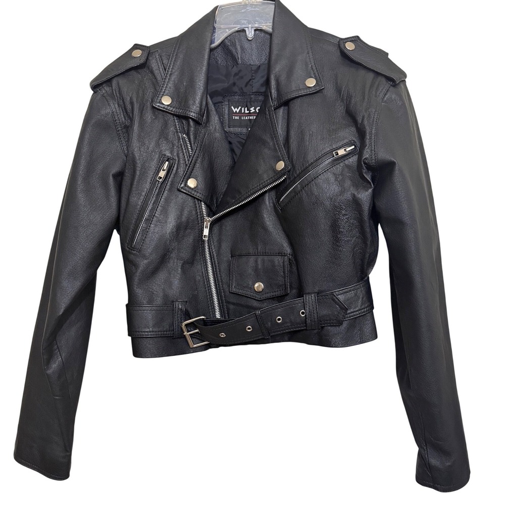 Wilsons Leather Womens Black Cropped Moto Biker Jacket American Flag Patch Small